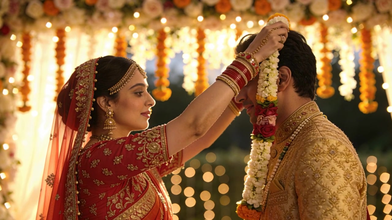 Raising garland, bride in red sari guiding it over groom's neck at mandap during wedding ritual