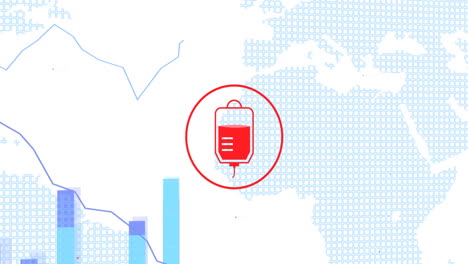 animación del logotipo de la donación de sangre y el texto sobre el mapa del mundo