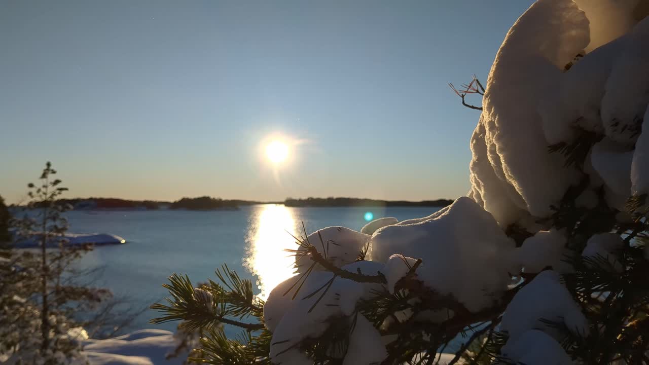 Calm winter nature landscape with sea view and snow at sunset