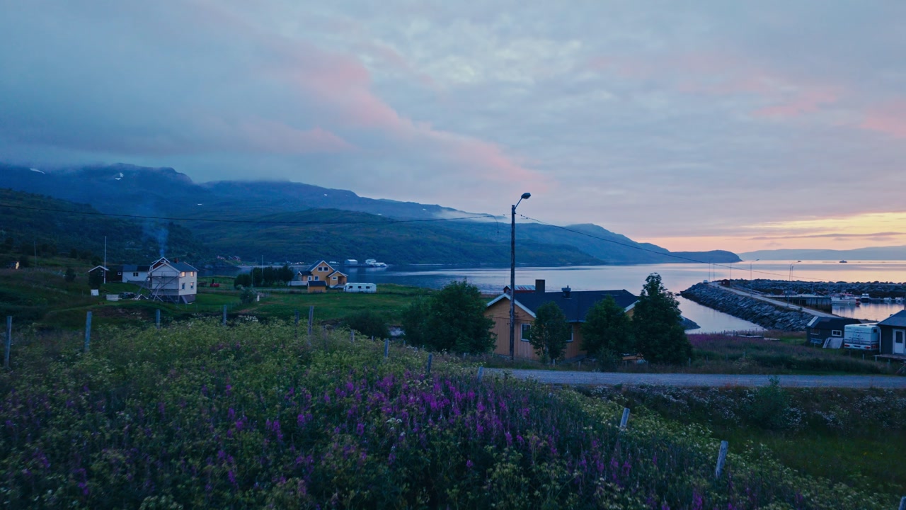 Kokelv, Hammerfest, Finnmark, Norway - A Red Shed Stands Among Vibrant Fireweed, With Rolling Hills and Dusky Skies in the Background - Drone Flying Forward