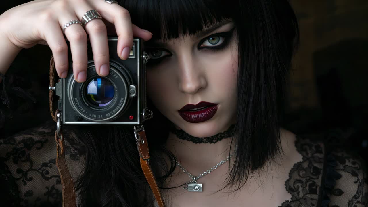 Donna con macchina fotografica vintage alzata, con top in pizzo nero che la abbassa in studio, rivelando anelli