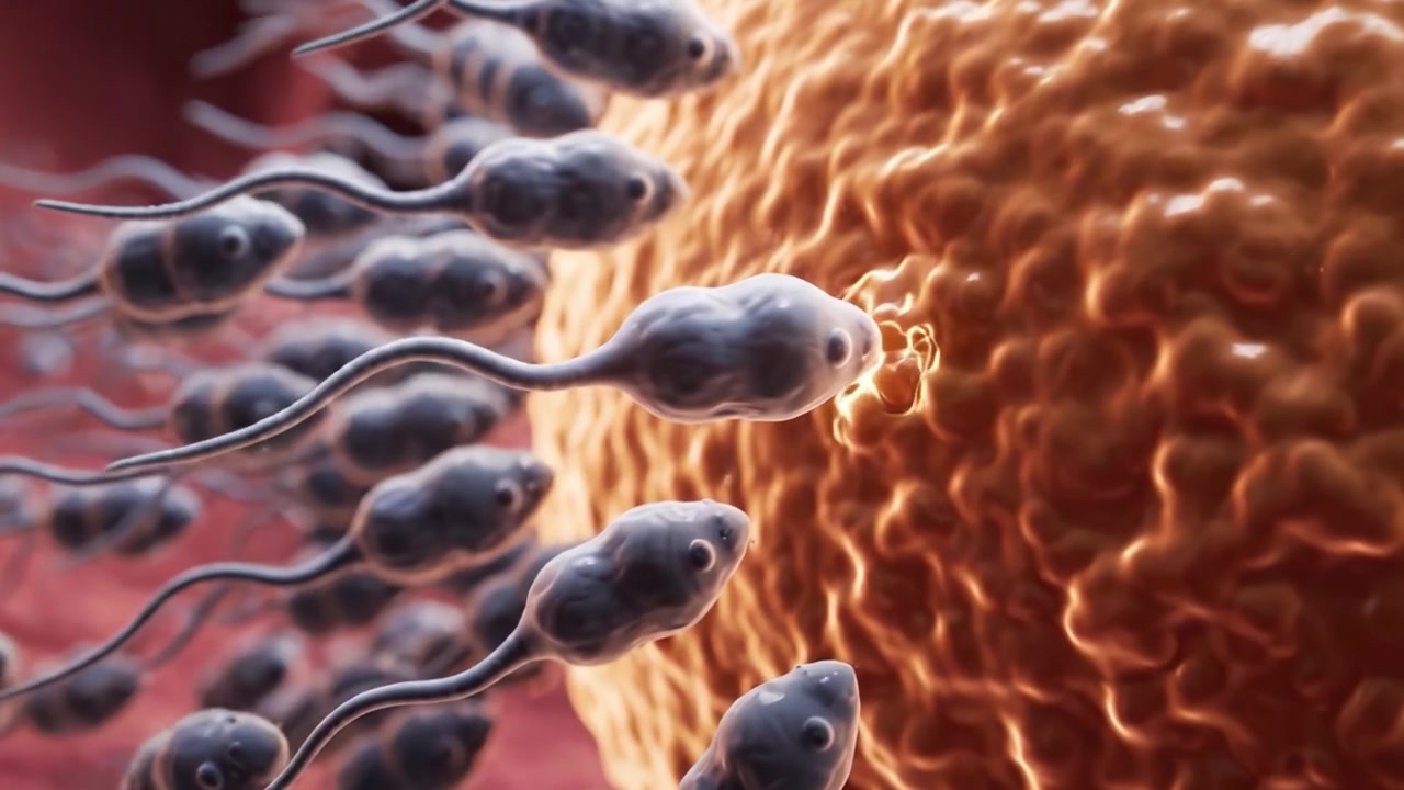 A Close-Up Exploration of Sperm Cells Approaching an Egg Cell, Illustrating the Intricate Journey of Human Reproduction at the Cellular Level