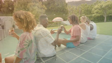 enjoying drinks by poolside, friends having summer fun