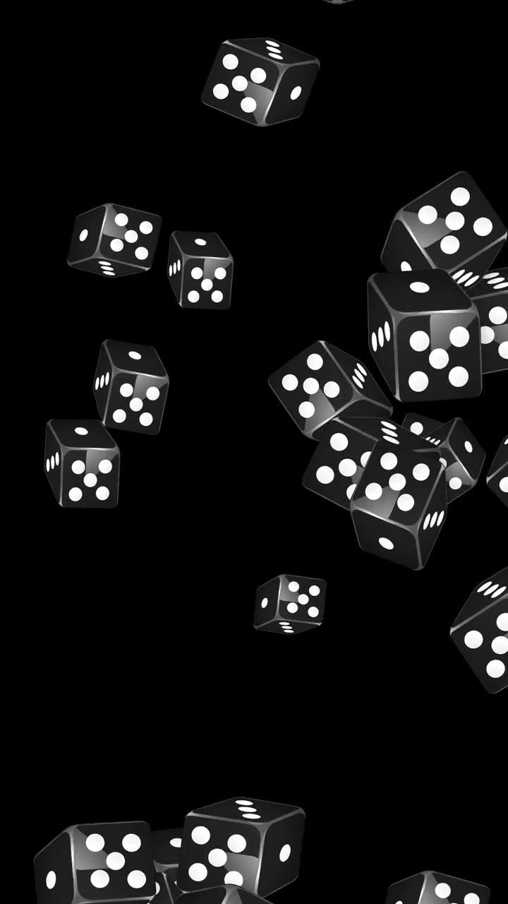 Dadi 3D monocromatici esplodono e rotolano attraverso lo spazio nero in un'animazione verticale.