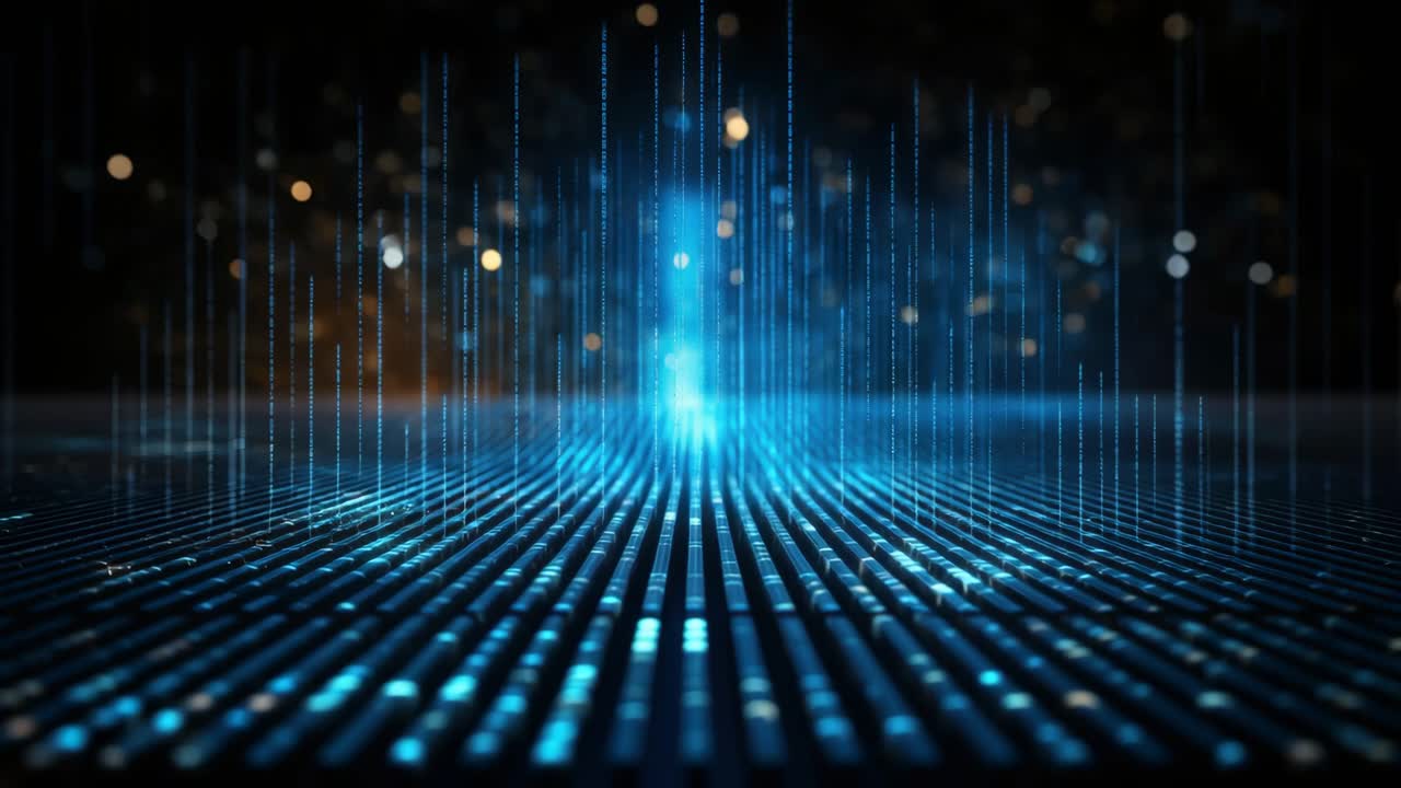 Futuristic digital landscape with glowing blue lines and dots