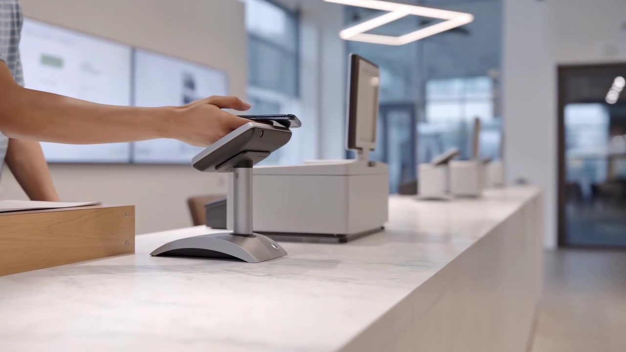 Persona che usa uno smartphone vicino a un terminale contactless presso un lungo bancone in un interno luminoso e minimalista, suggerendo un rapido pagamento digitale o check-in