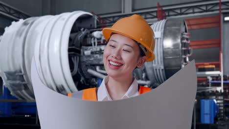 close up of asian female engineer with safety helmet looking at blueprint in her hands while standing with airplane engine maintenance conducted