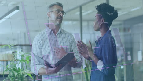 animation of financial data processing over diverse business people working in office