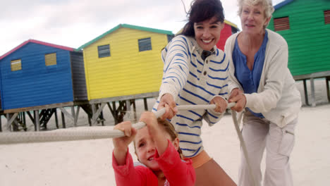 multi generation family playing tug of war at beach