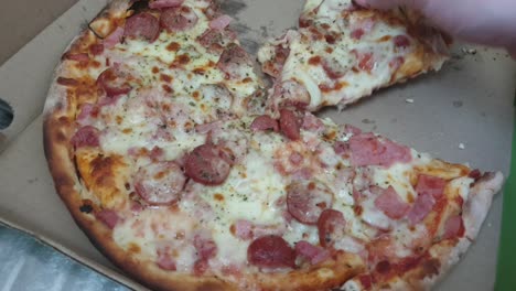 Pizza-perfect,-extra-melting-cheddar-cheese,-extra-salami-and-pepperoni-toppings-served-hot,-enjoy-right-out-of-the-box