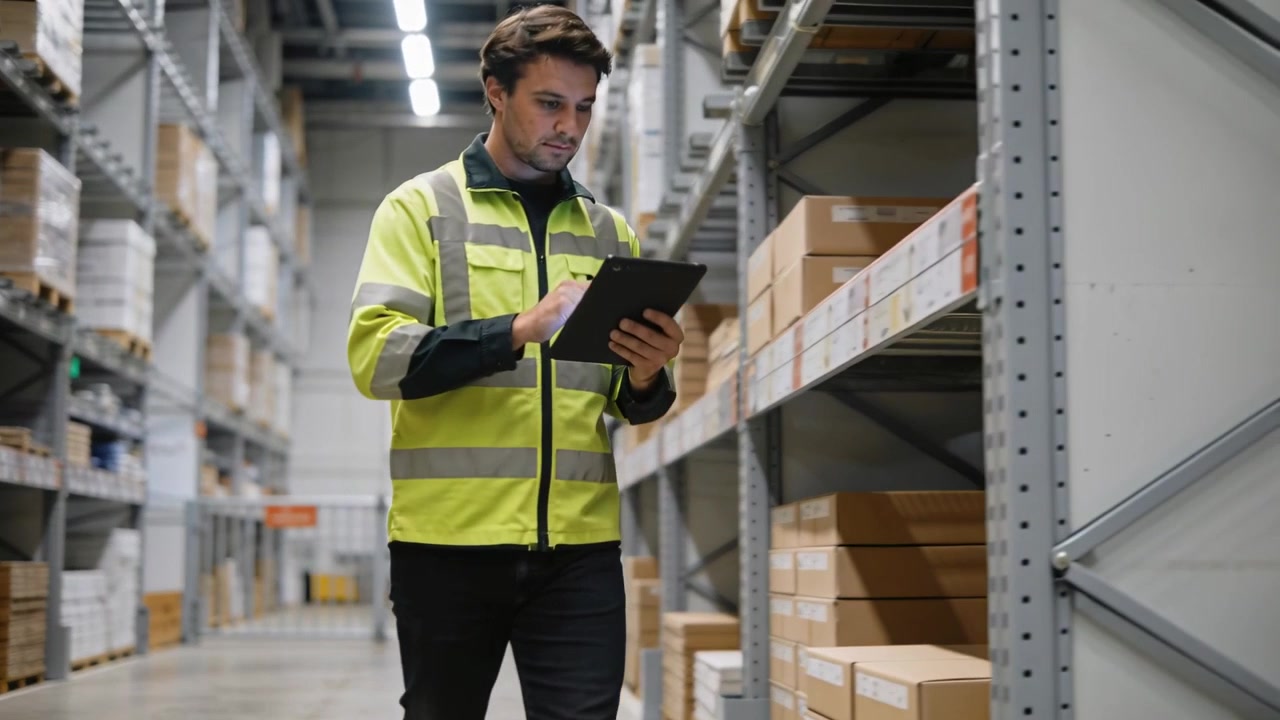 Avvio di un audit: un lavoratore con giacca ad alta visibilità cammina in un corridoio del magazzino, scansionando un tablet per verificare le scatole.