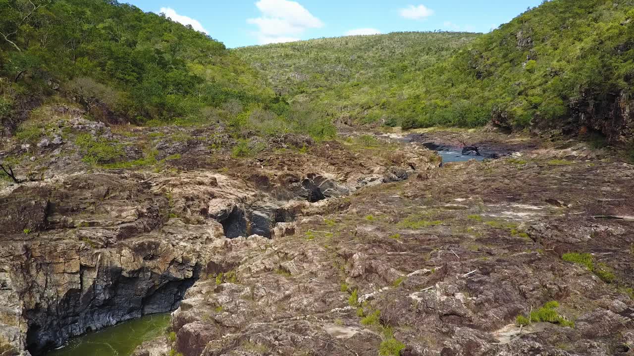 Aerial shot of tracking a river in a tropical forest