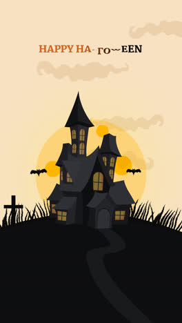 An-animation-of-Halloween-house,-bats-and-full-moon