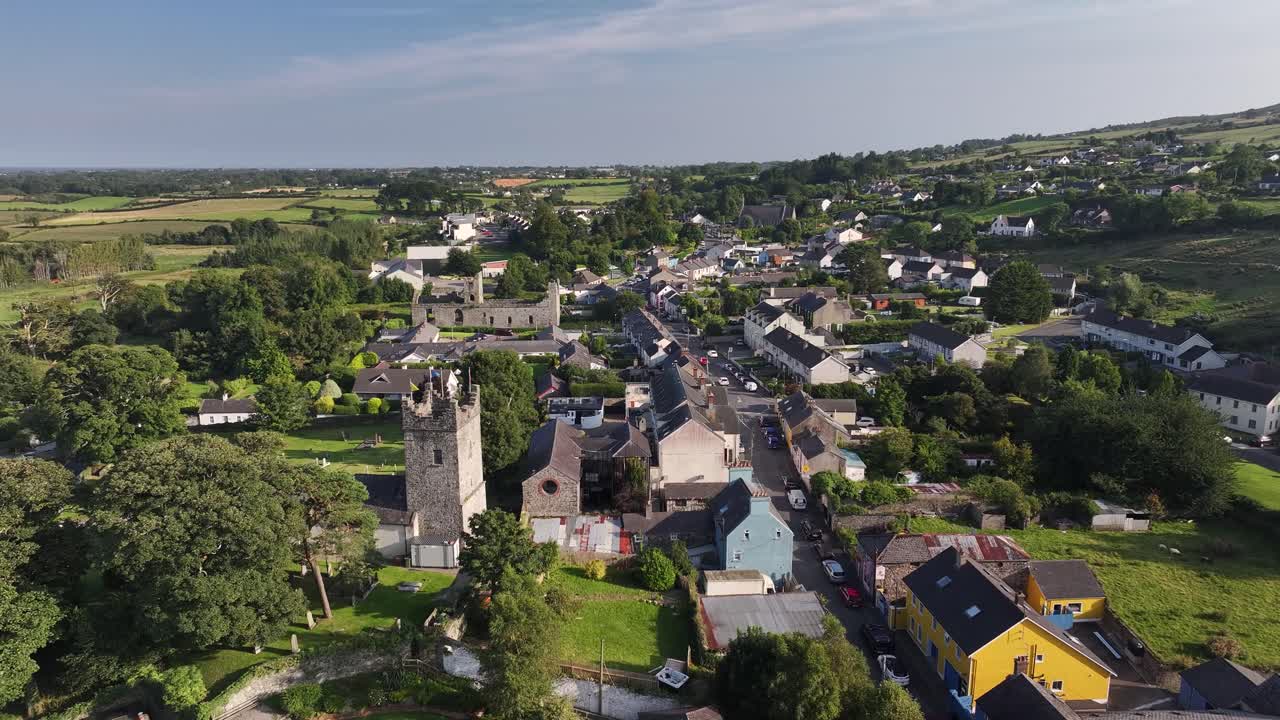 Carlingford small town with landmarks, old town. Beautiful sunny day in Ireland. Panoramic