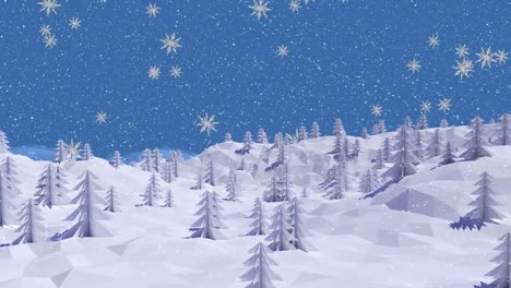 Animation-of-snow-falling-over-fir-trees-covered-in-snow-and-winter-landscape-background