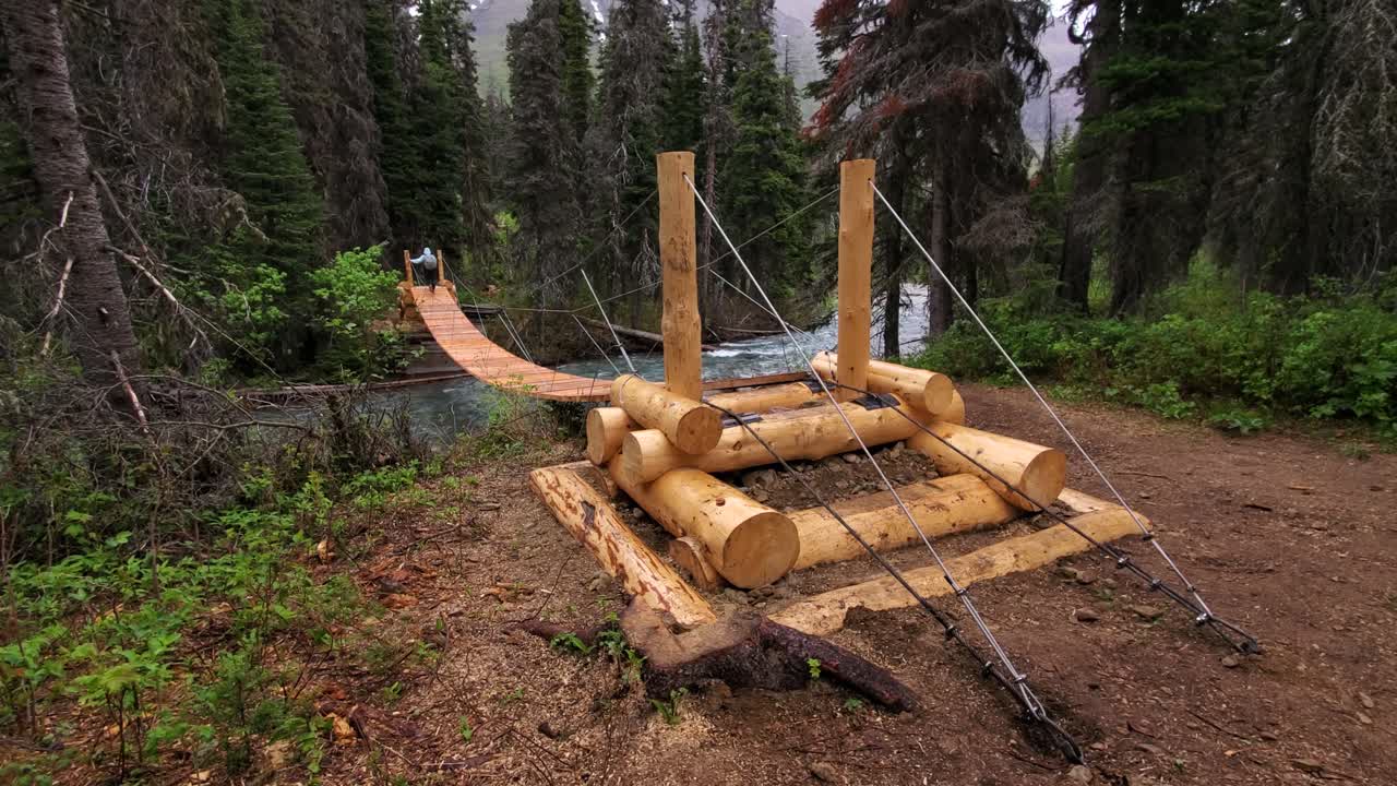 puente colgante de cuerda de madera y excursionista caminando sobre el río en el parque nacional de los glaciares, montana, ee.uu.