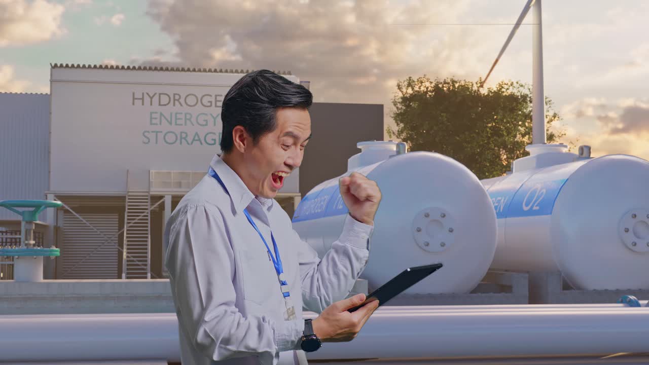 흥분한 엔지니어가 수소 에너지 저장 프로젝트를 검토하고 있습니다.