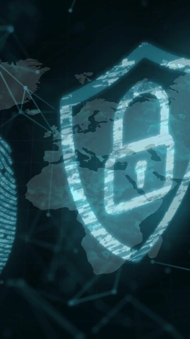 Video verticale: Barre di dati con effetto glitch che formano uno scudo a lucchetto su una mappa del mondo, a indicare sicurezza