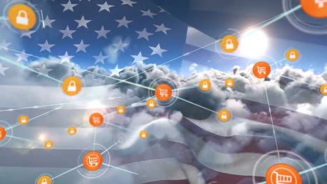 animation of network of digital icons over clouds and sun in the sky against waving american flag