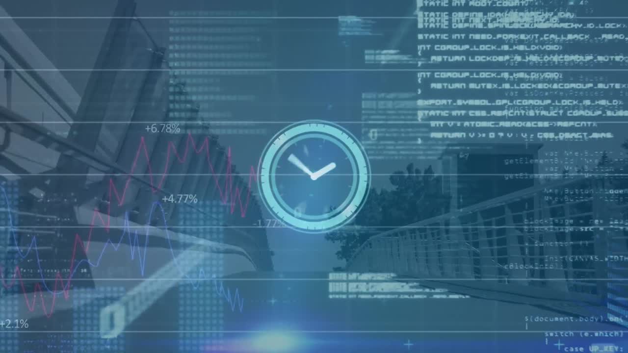 Animation of neon ticking clock, statistical data processing and blue light spot against city bridge