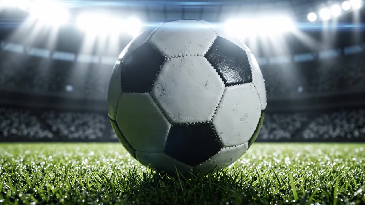 Eine Nahaufnahme eines Fußballs auf dem Spielfeld, beleuchtet von Stadionlichtern, die die Essenz des Spiels und die Spannung des Sports einfängt.