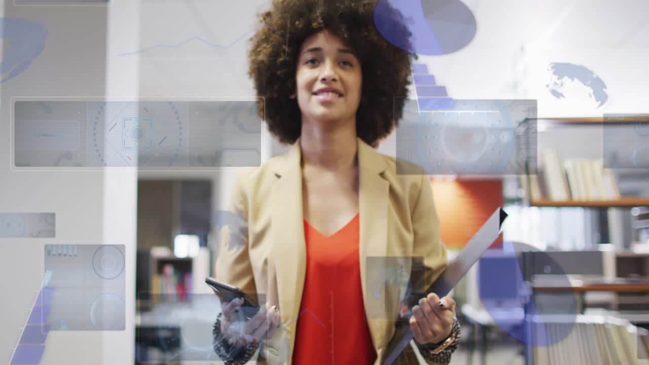 Business manager scrolling smartphone while holding clipboard at office processing AR data visuals