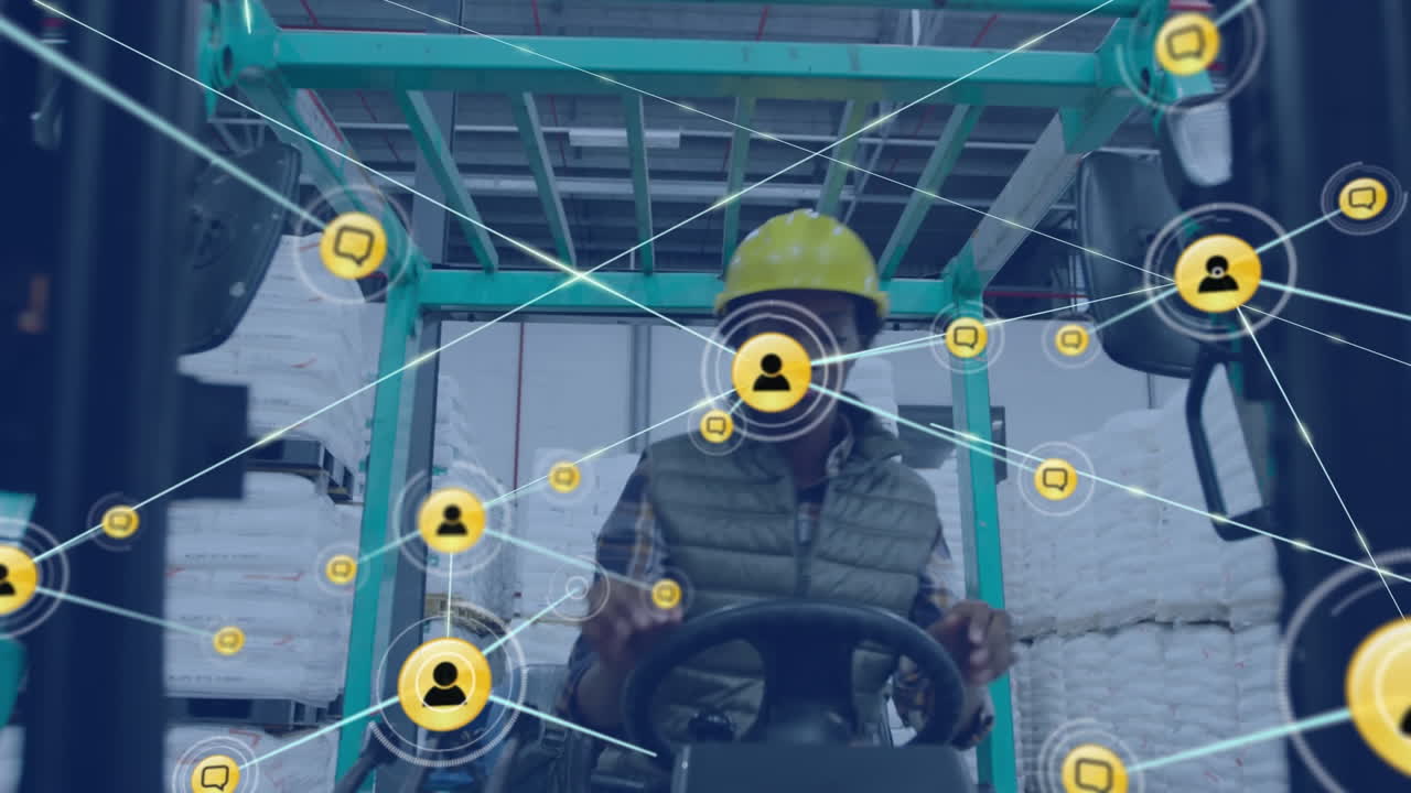 창고에서 포크리프트를 운용하는 아프리카계 미국인 여성 노동자에 대한 아이콘 네트워크의 애니메이션