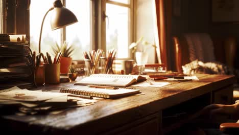 a bright, inviting workspace surrounded by nature and creativity, capturing the essence of inspiration and focus in a serene environment