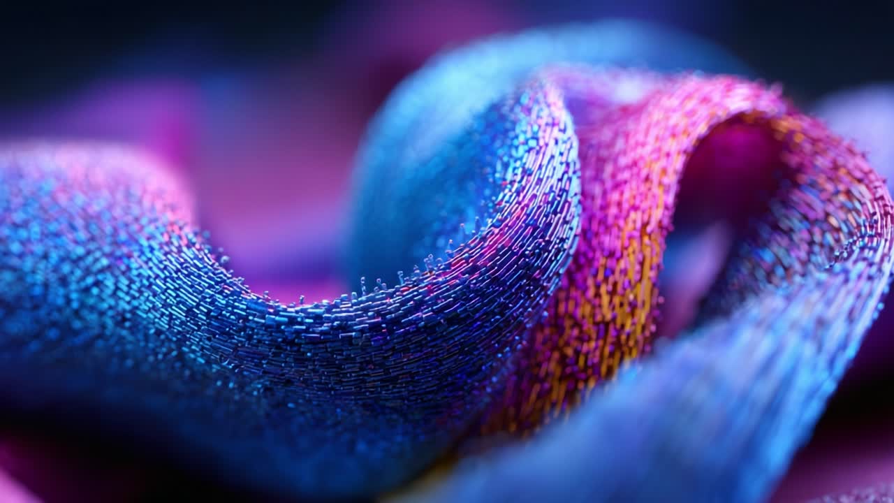 Intricate Waves of Iridescent Fabric: A Close-Up Exploration of Textile Artistry Capturing Vibrant Hues and Lush Textures, Highlighting the Beauty of Materiality Through Vivid Color Gradations