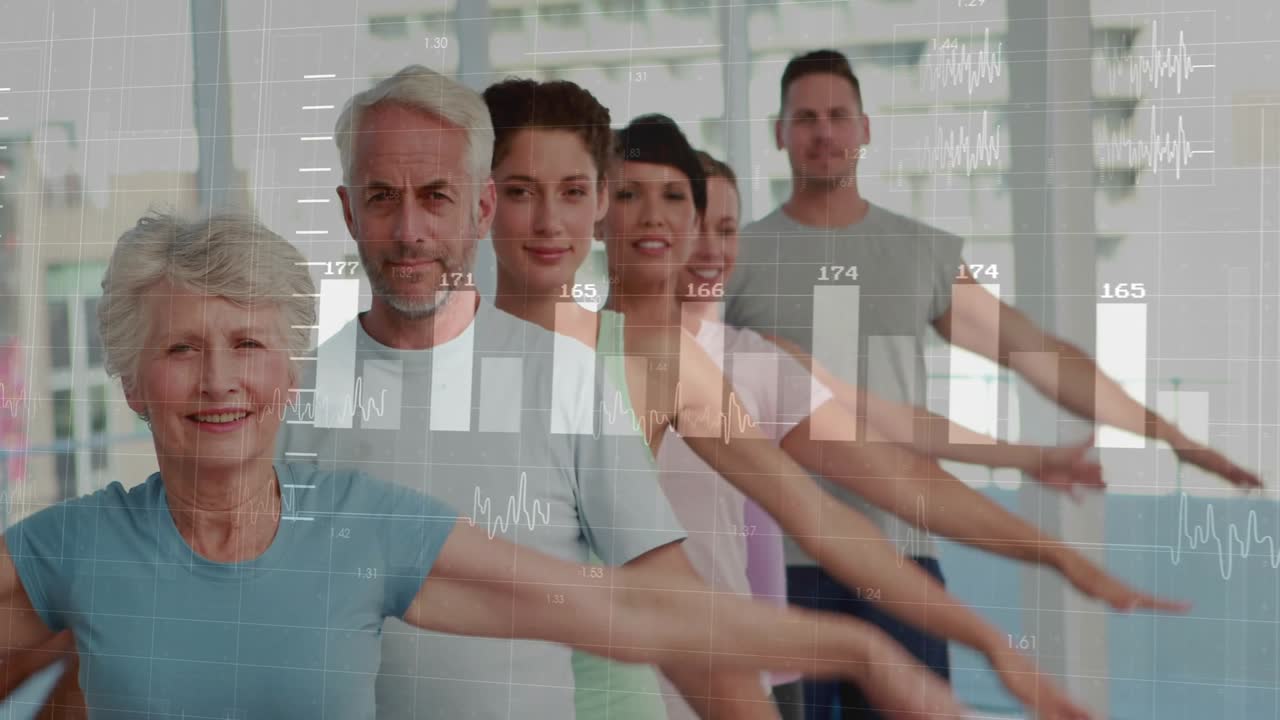 Six fitness participants holding arms out, bar charts appearing over group and tracking performance
