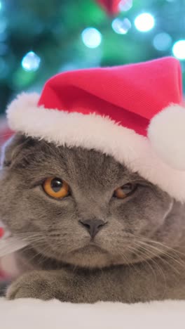 cute cat in santa claus costume on the background of a christmas tree happy new year cute cat in santa claus costume on the background of a christmas tree happy new year high quality full footage