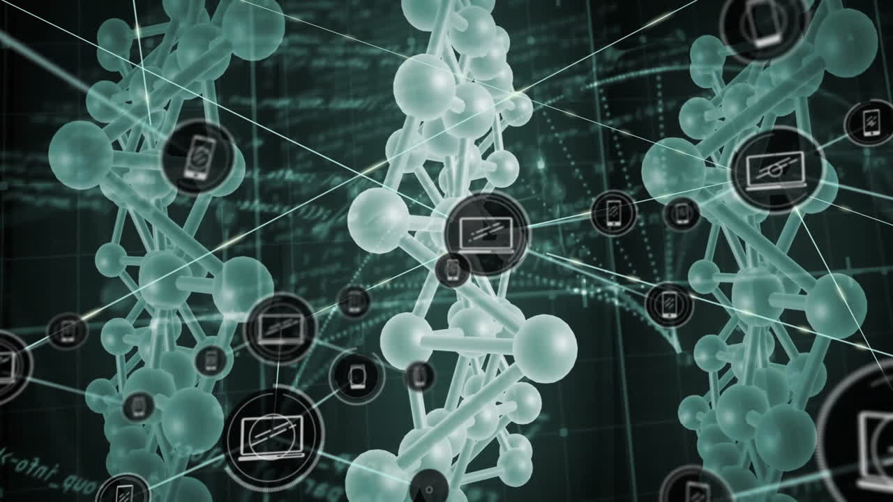 анимация сети соединений с иконами устройств по цепям днк