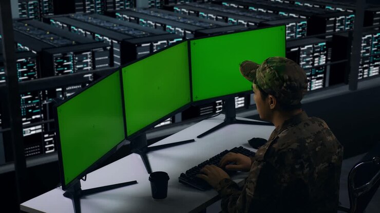 Side View Of Tired Asian Military Stretching While Working With Mock Up Multiple Computer Monitor In Data Center