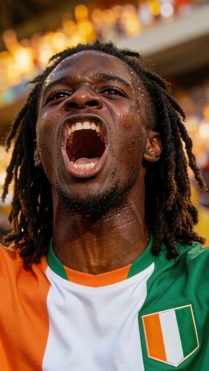 Vertical video: Shouting fan lifting arms after goal in stadium, wearing tricolor crest jersey