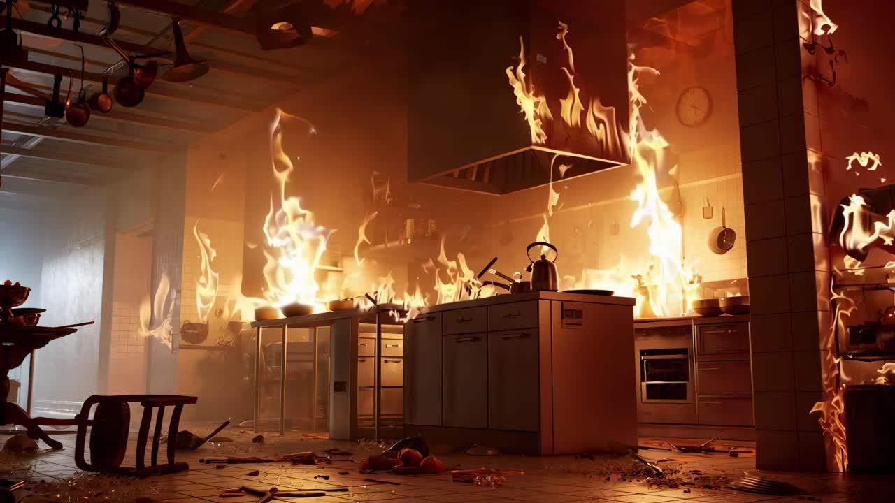 Dramatic video scene of a kitchen engulfed in flames, captured from a low angle