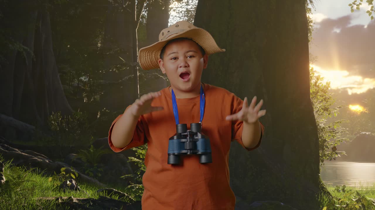 모자를 입은 아시안 소년은 안경을 통해 바라보며 와우라고 말합니다. 소년 연구자는 숲, 자연, 여행, 관광, 모험 개념을 탐구하는 동안 무언가를 조사합니다.