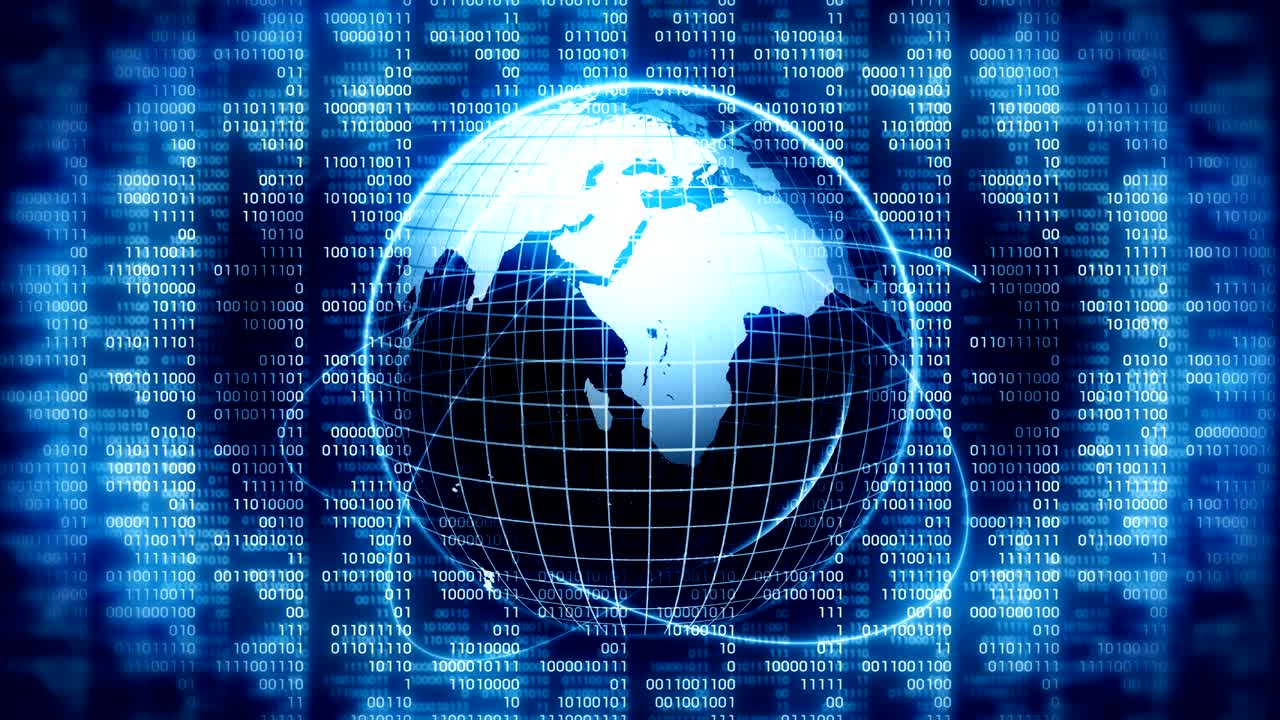 Planet earth with background of binary digits. Binary numbers around global earth. High tech technological loop animation. Number zero and one.