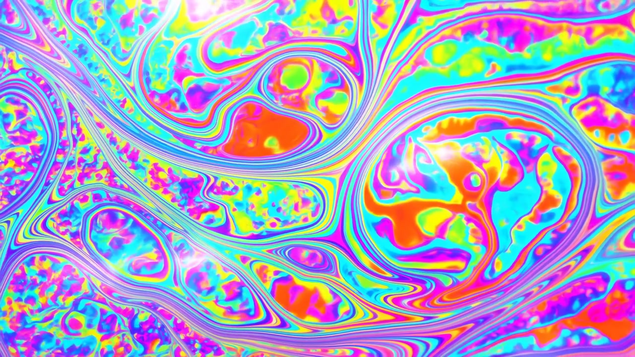 ネオンの渦とマーブル模様のクローズアップ。玉虫色のグラデーションレイヤー、光沢のある帯、万華鏡のような曲線、鮮やかな色の移り変わりが、シーン全体に活気ある抽象的なエネルギーを生み出している