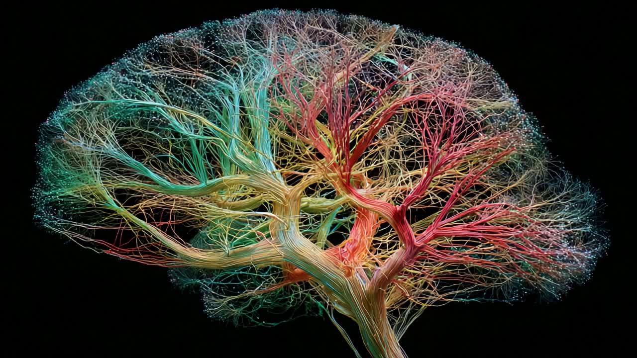 A mesmerizing and vibrant display of an abstract tree structure showcasing intricate branches illuminated in a spectrum of colors against a dark background, symbolizing nature and creativity