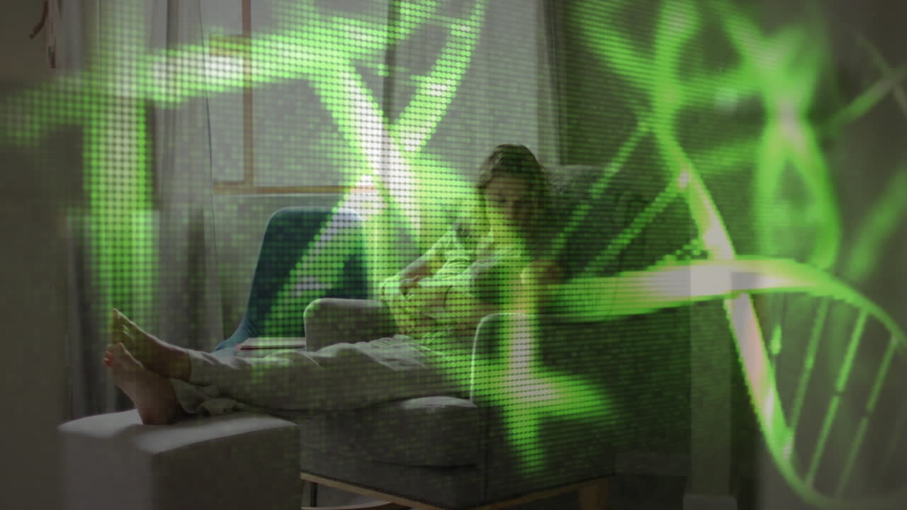 cadenas de adn brillantes sobre una madre caucásica en un sillón sosteniendo a un bebé recién nacido