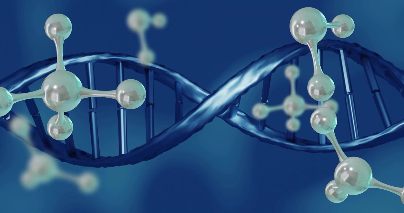 Molecole che entrano dai lati avviando un effetto parallasse, elica di DNA che ruota e ondeggia, mostrando la struttura.