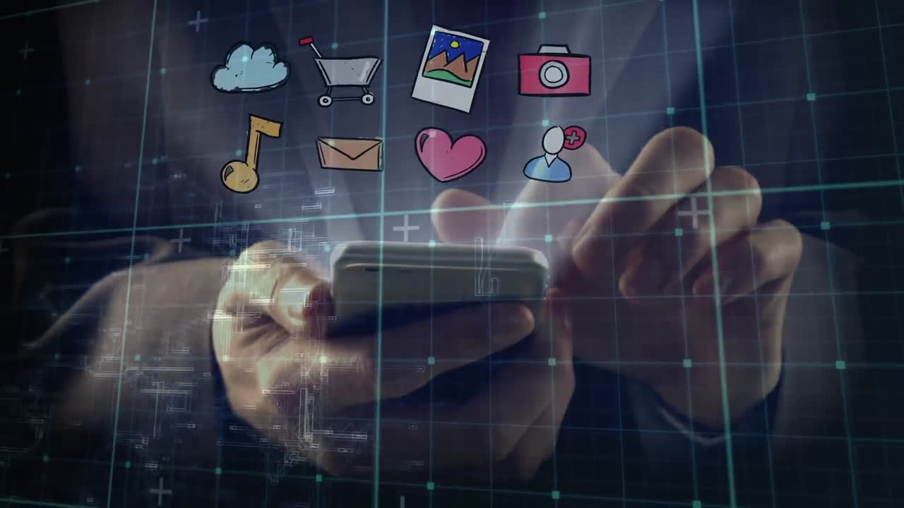 스마트 폰을 사용하는 사업가에 대한 소셜 미디어 아이콘의 애니메이션
