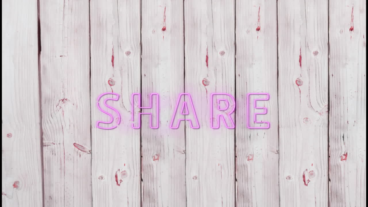 Animation of blinking share text over wooden background