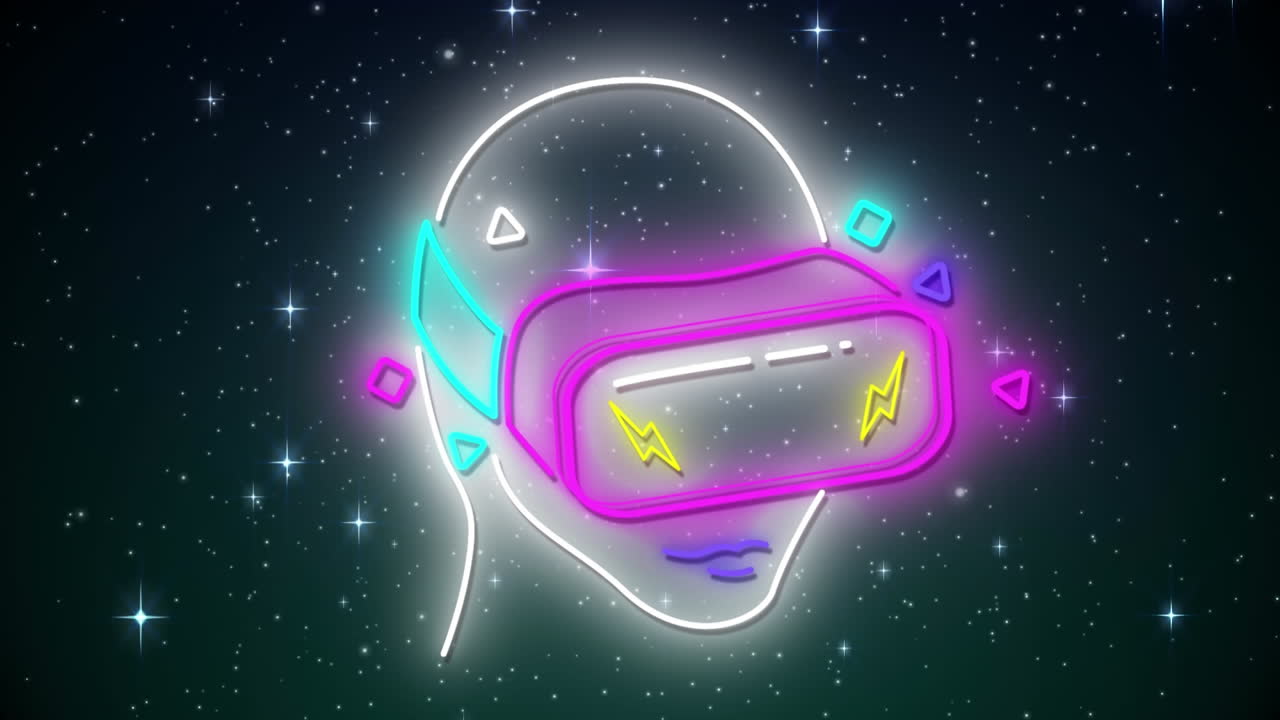 Animation of neon head with vr headset over stars background