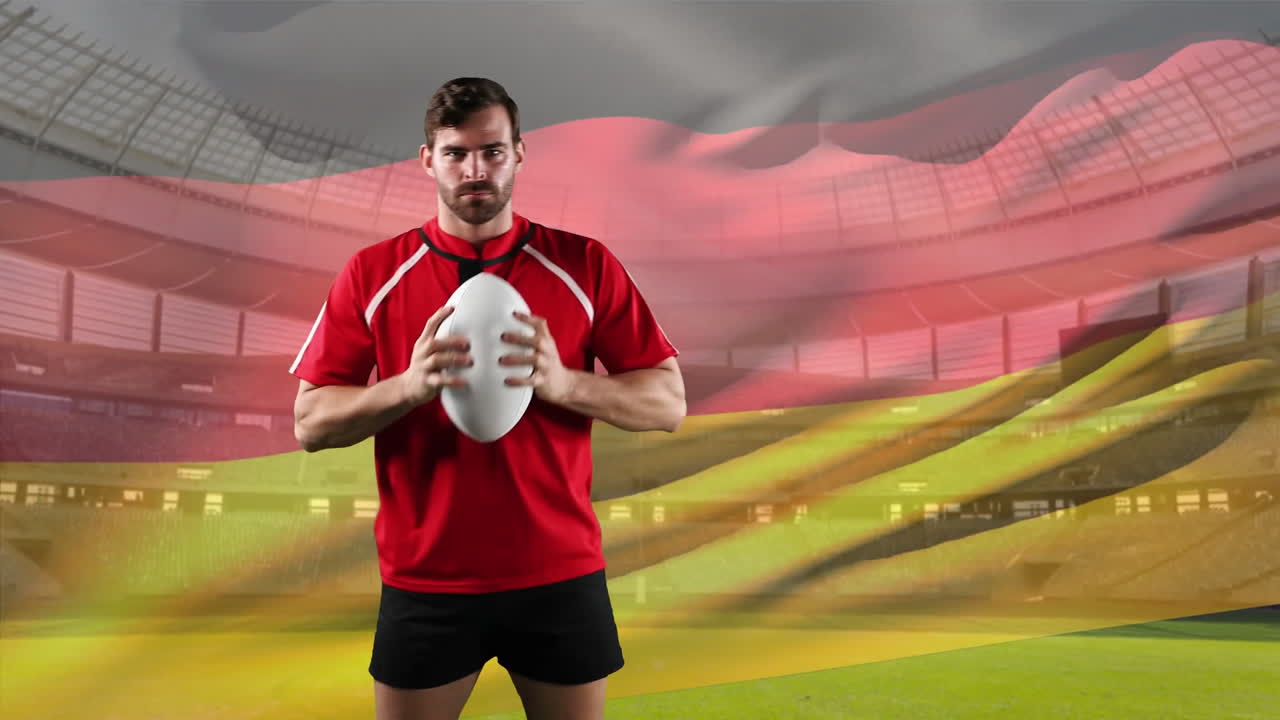 프로 럭비 선수 가  ⁇ 발 과 경기장 앞 에 서 있다