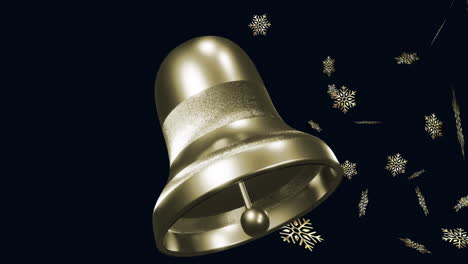 animation of christmas gold bell and snow falling on black background