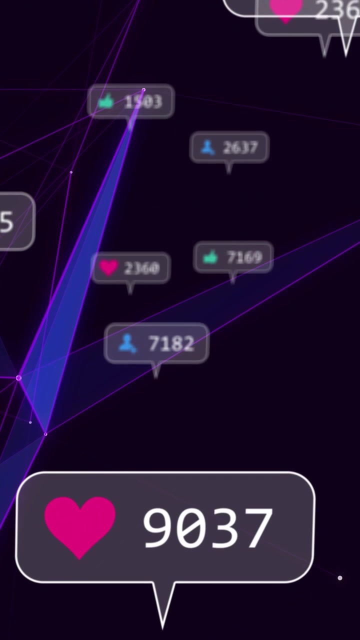 Vertical video: Panels spinning, moving node mesh, updating heart badges showing engagement counts