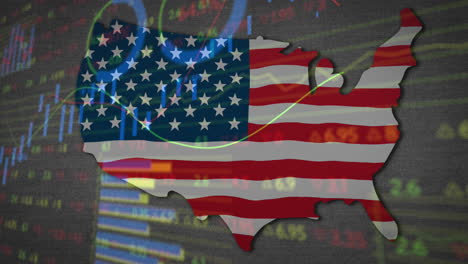 animation of financial data processing over map of usa with american flag