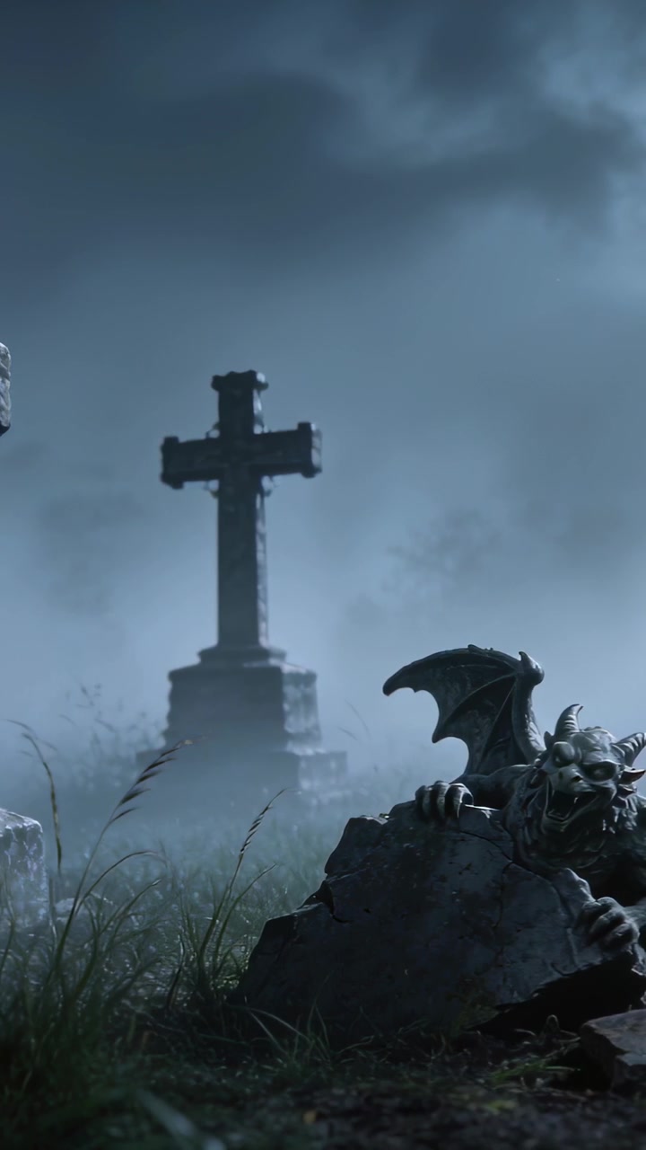 Video verticale: Panoramica che rivela un gargoyle che emerge dalla nebbia su una tomba in rovina in un cimitero, croce.