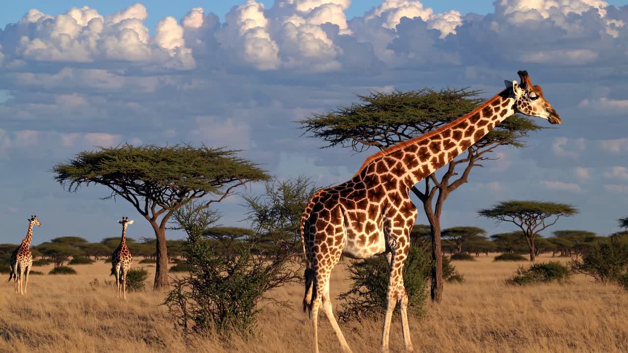 Una ripresa video da un'angolazione bassa cattura giraffe in una savana africana, evidenziando la loro altezza maestosa.